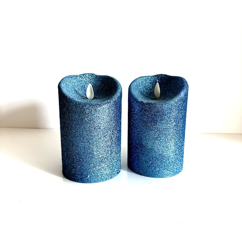 (2) Luminara Blue Glitter Sparkle Flameless Flicker Pillar Candles